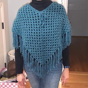 Handmade Petite S/M Blue-TealFringed Poncho